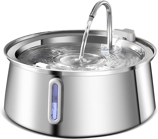 4L/132Oz Automatic Cat Water Fountain, 304 Stainless Steel Pet Water Dispenser, 3-Stage Filtration, Ultra-Quiet Pump, LED Water Level Window, Bpa-Free for Multiple Cats & Small Dogs